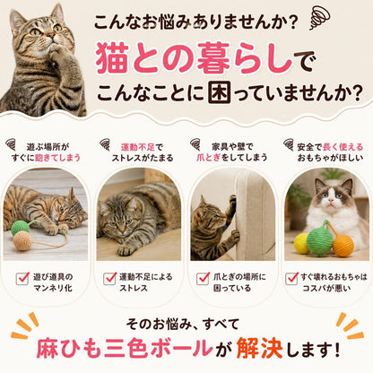 猫との暮らしの悩みを提起する導入カット。遊び場所のマンネリ化、運動不足のストレス、家具や壁での爪とぎ、すぐ壊れるおもちゃの4つの悩みを猫の写真とともに紹介し、麻ひも三色ボールが解決すると訴求