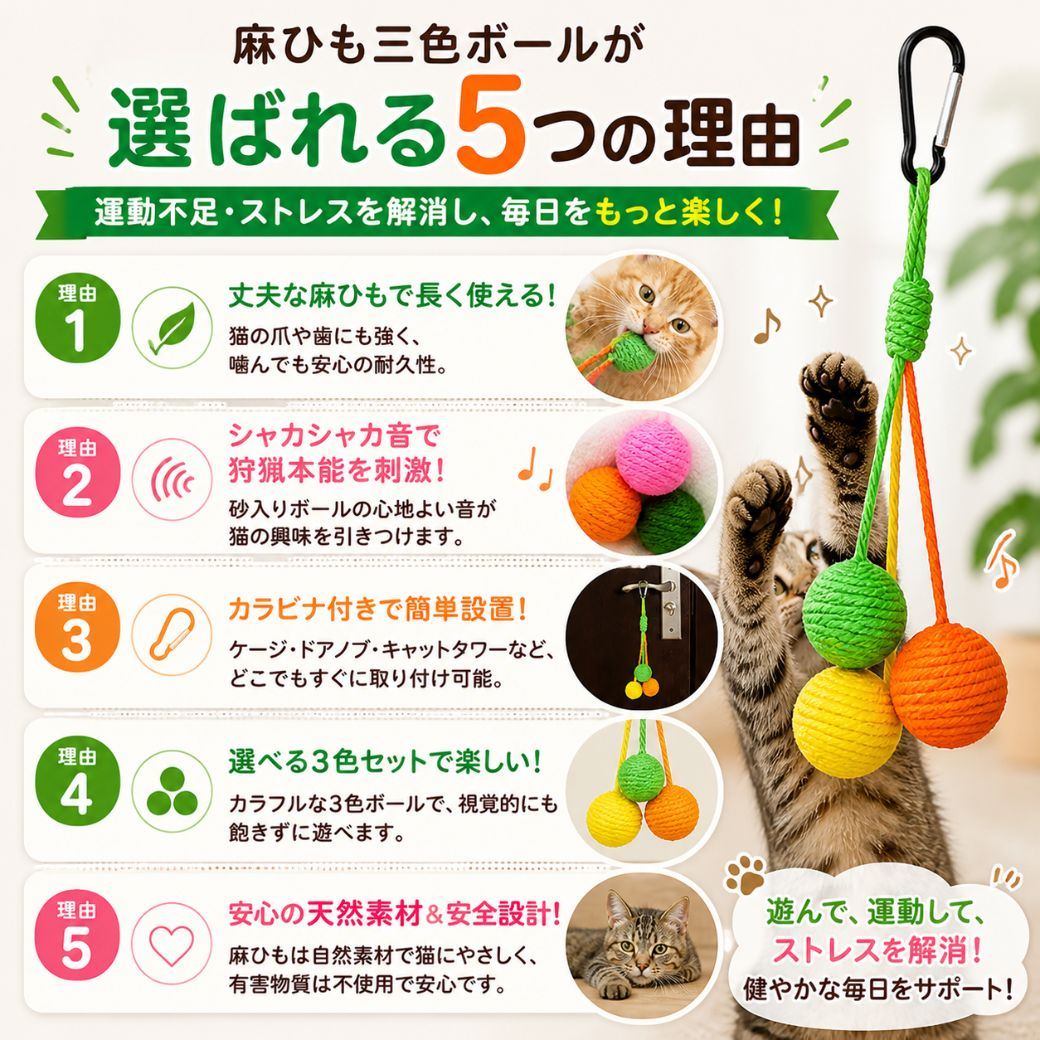 選ばれる5つの理由を紹介。丈夫な麻ひもで長持ち、砂入りボールのシャカシャカ音で狩猟本能を刺激、カラビナで簡単設置、選べる3色セット、天然素材で安全設計と説明し、猫が前足でボールに触れる様子