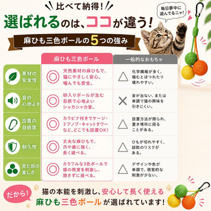 一般的なおもちゃとの比較表。素材の安全性・音の心地よさ・設置の自由度・耐久性・見た目の楽しさの5項目すべてで麻ひも三色ボールが優れると◯印で示す