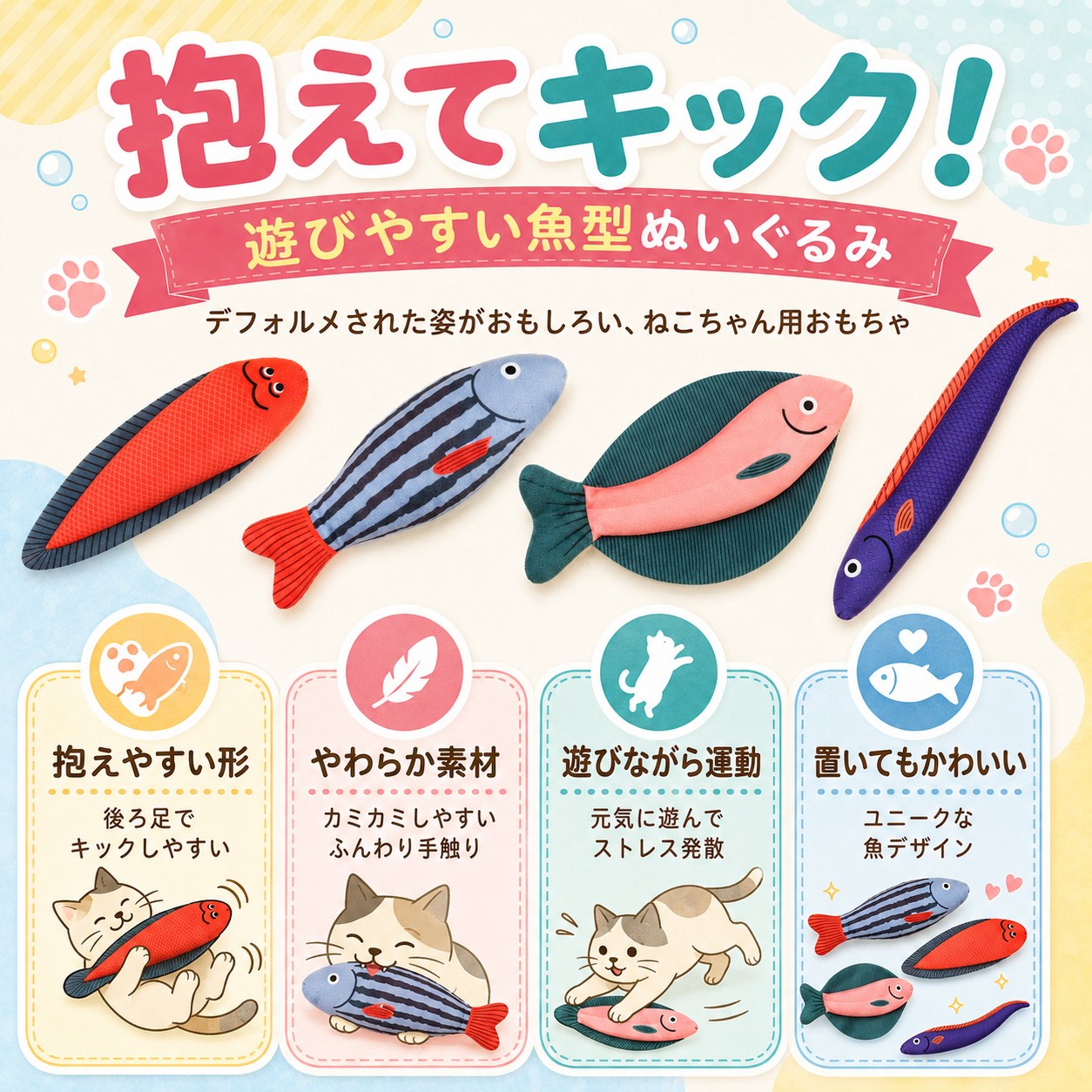 「抱えてキック！遊びやすい魚型ぬいぐるみ」の見出し。抱えやすい形・やわらか素材・遊びながら運動・置いてもかわいいの4特長と、各特長で遊ぶ猫のイラスト