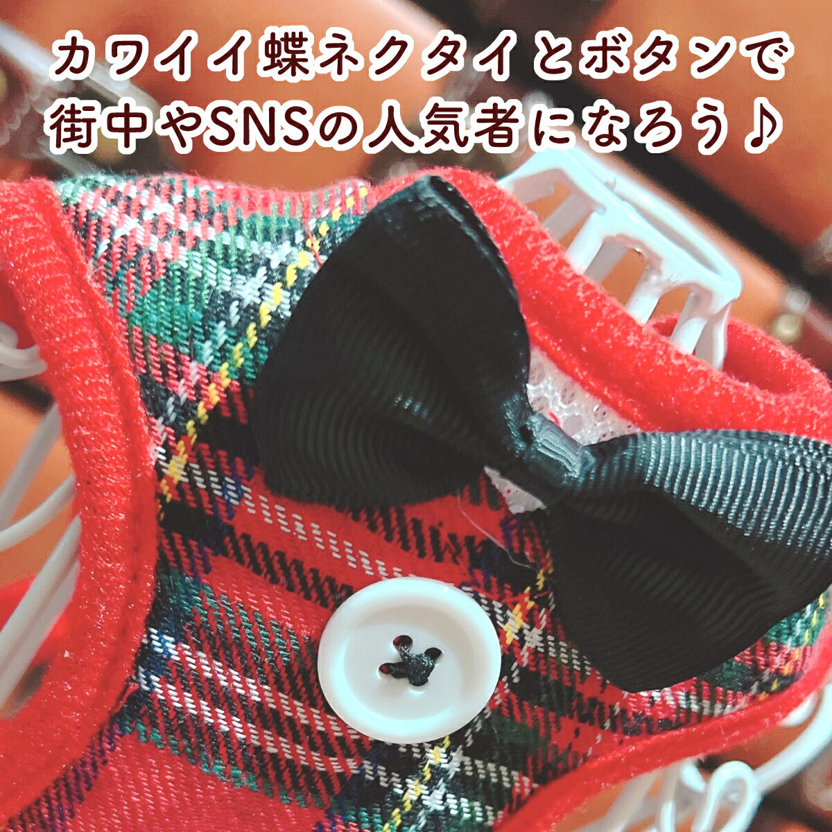 赤タータンチェック地の黒い蝶ネクタイと白ボタンを接写。「カワイイ蝶ネクタイとボタンで街中やSNSの人気者になろう」のコピー