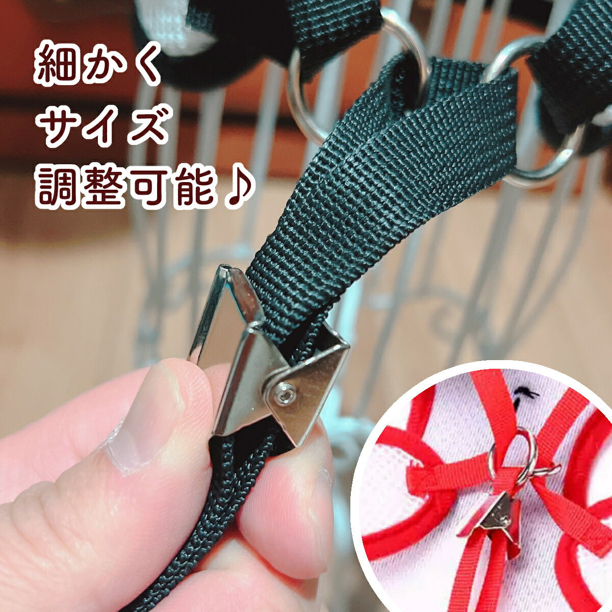 ハーネスの黒いストラップと金属リング、留め具部分の接写。「細かくサイズ調整可能」のコピーと、赤いハーネスの調整部分を丸く拡大した小窓写真