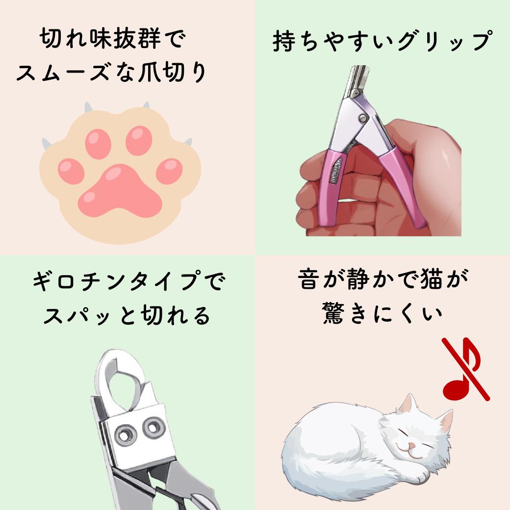 4分割で特長を紹介。切れ味抜群でスムーズな爪切り、持ちやすいグリップ、ギロチンタイプでスパッと切れる、音が静かで猫が驚きにくいの4点