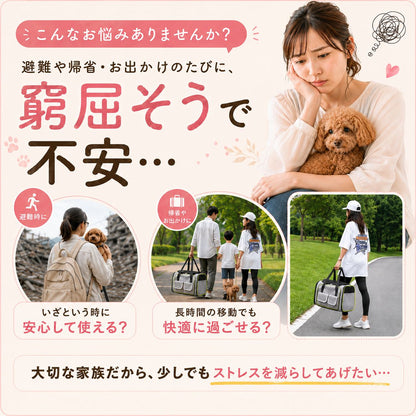 避難や帰省・お出かけのたびに窮屈そうで不安、という悩みを提起する導入カット。愛犬を抱く女性と、避難時・帰省やお出かけ時にキャリーを使う様子の写真
