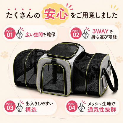 4つの安心ポイントを紹介。POINT1広い空間を確保、POINT2 3WAYで持ち運び可能、POINT3出入りしやすい構造、POINT4メッシュ生地で通気性抜群、キャリー全体像とともに表示