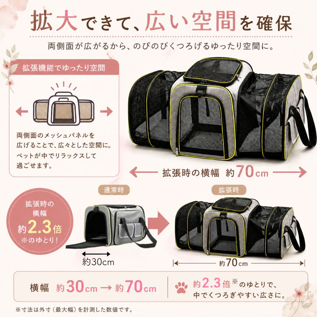 拡大できて広い空間を確保という見出し。両側面のメッシュパネルを広げる拡張機能を図解、通常時の横幅約30cmから拡張時は約70cm(約2.3倍)に広がる寸法を表記