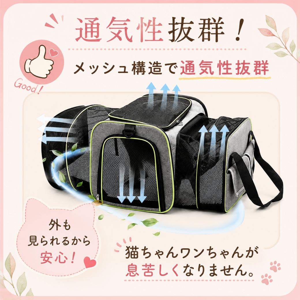 メッシュ構造で通気性抜群という見出し。キャリー各面から風が通る様子を矢印で図解し、外も見られて安心、猫や犬が息苦しくならないと訴求