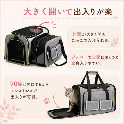 大きく開いて出入りが楽という見出し。上部が大きく開きだっこで入れられる、ジッパーで全開に開く、90度開口でノンストレスに出入り可能と説明、猫が扉から出てくる写真付き
