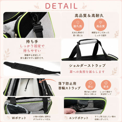 DETAILとして各部のアップ写真を掲載。丈夫な高品質&高耐久素材、しっかり固定できる持ち手とショルダーストラップ、落下防止用の首輪ストラップ、Wポケットとエンドポケットの収納を紹介