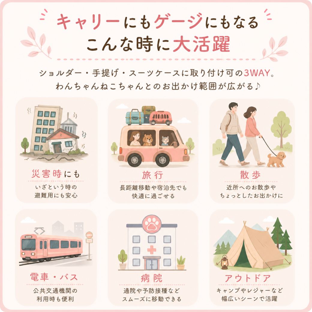 キャリーにもゲージにもなる活用シーンをイラストで紹介。災害時の避難用、旅行、散歩、電車・バスなどの公共交通機関、病院への通院、キャンプなどのアウトドアで使えると説明