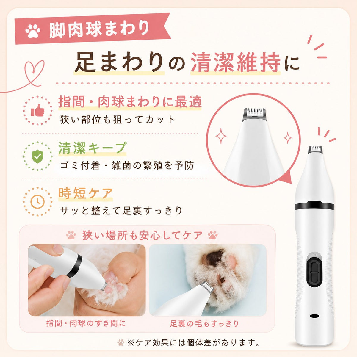 脚肉球まわり用ヘッドの説明。指間・肉球まわりに最適で狭い部位もカット、清潔キープでゴミ付着・雑菌繁殖を予防、時短ケアで足裏すっきり。手や猫の足で使用する写真付き