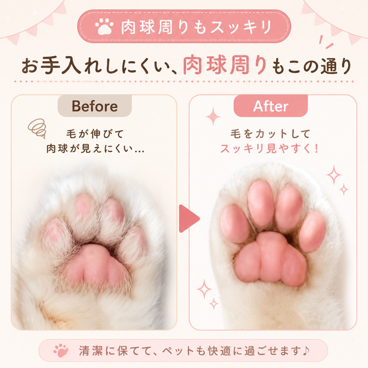 肉球周りの毛のBefore/After比較。Beforeは毛が伸びて肉球が見えにくい状態、Afterは毛をカットして肉球がスッキリ見える猫の足裏写真