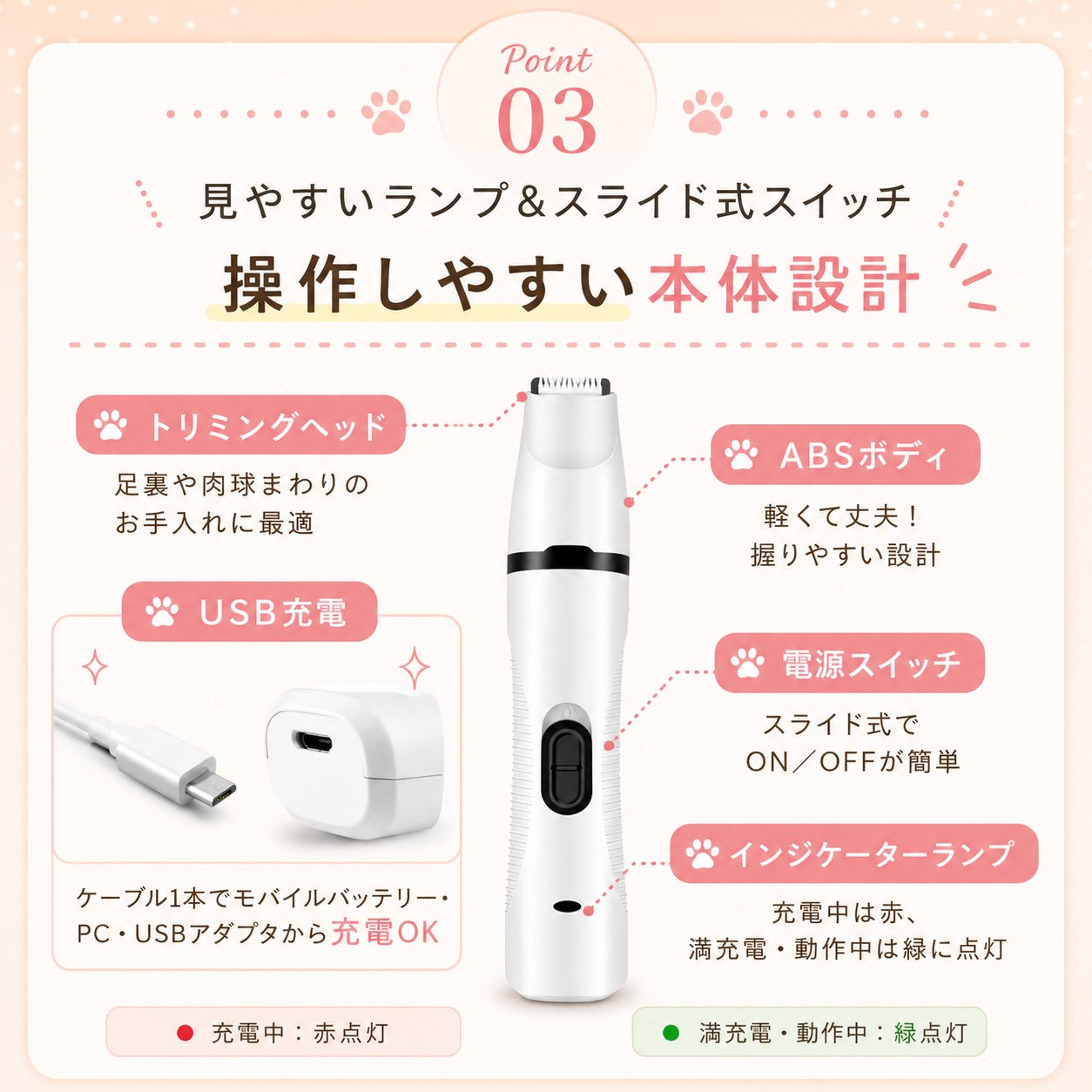Point03操作しやすい本体設計。トリミングヘッド・軽量ABSボディ・スライド式電源スイッチ・インジケーターランプ（充電中は赤、満充電・動作中は緑）とUSB充電ケーブルを図解