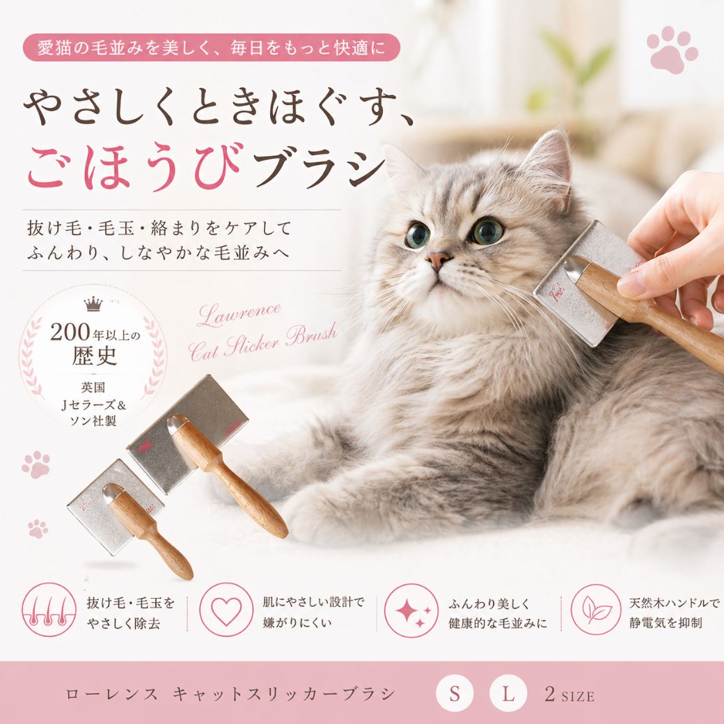 手に持ったブラシで長毛猫をとかす様子。200年以上の歴史を持つ英国Jセラーズ&ソン社製で、抜け毛除去・肌にやさしい設計・静電気抑制を紹介