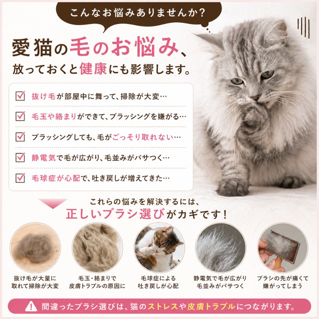 抜け毛の散乱・毛玉・毛球症の吐き戻し・静電気によるパサつき・粗悪なブラシの痛みなど、猫の毛の悩み5つを写真付きで提起する導入カット