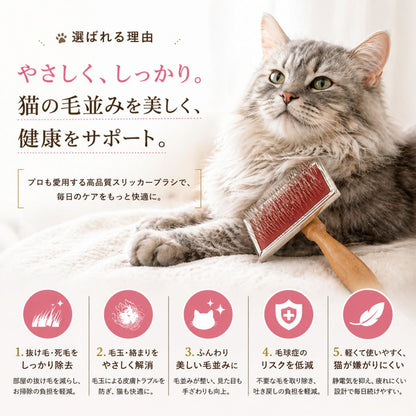 ベッドの上でブラッシングされる猫。抜け毛除去・毛玉解消・美しい毛並み・毛球症リスク低減・軽くて嫌がりにくいという5つの特長をアイコンで説明