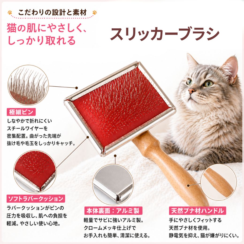 ブラシ各部のクローズアップ。極細ピンで抜け毛や毛玉をキャッチ、ソフトラバークッションが肌への負担を軽減、裏面はアルミ製、ハンドルは天然ブナ材と説明