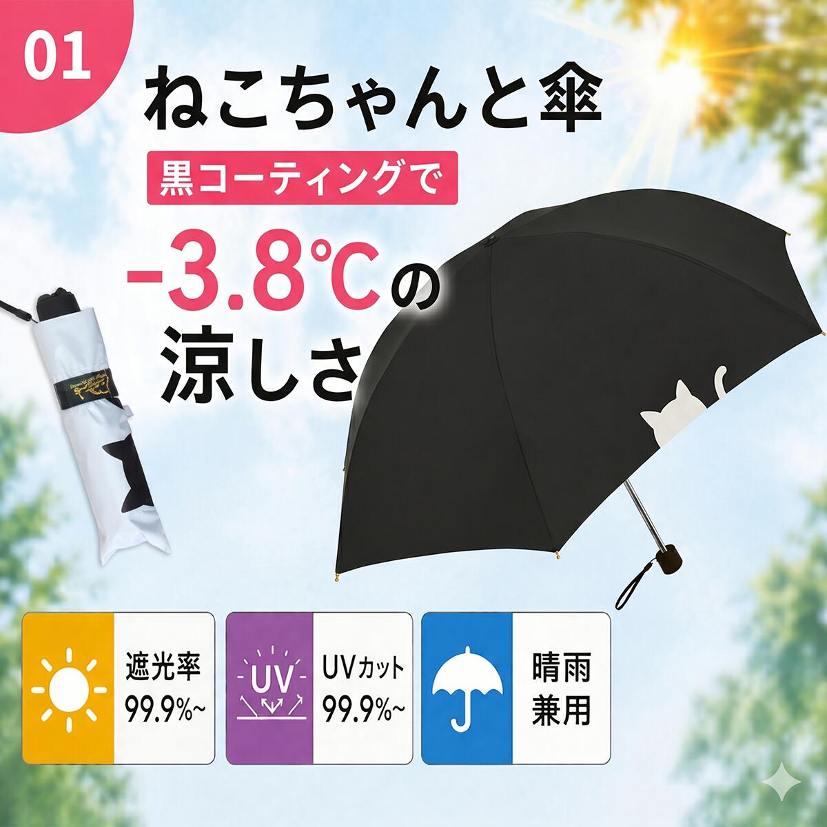黒コーティングで-3.8℃の涼しさを謳う開いた黒い傘と収納時の姿。遮光率99.9%〜・UVカット99.9%〜・晴雨兼用の3アイコン表示