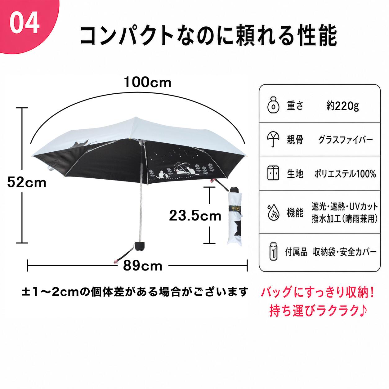 サイズ仕様図。開傘時の直径100cm・高さ52cm、収納時89cm×23.5cm。重さ約220g、親骨グラスファイバー、生地ポリエステル100%、遮光・遮熱・UVカット・撥水の機能、付属品は収納袋と安全カバーと明記