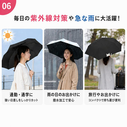 晴天時・雨天時・旅行時に傘をさして歩く女性3カットで、通勤通学の紫外線カット、雨の日の撥水加工、旅行時のコンパクトさをそれぞれアピール