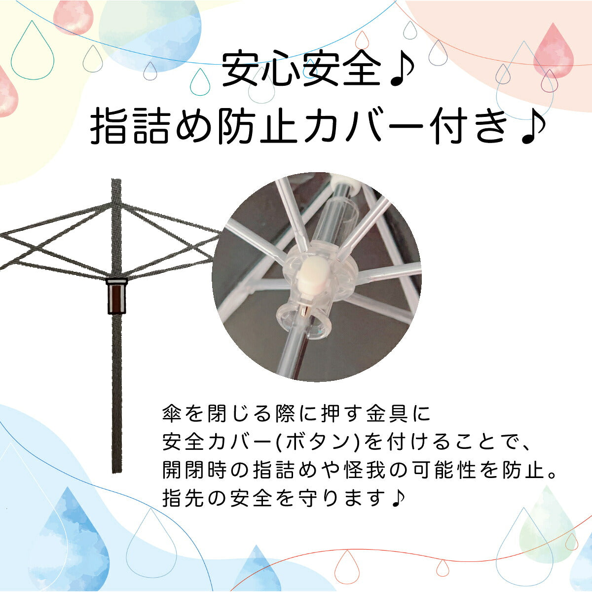 傘を閉じる金具部分のアップ写真。「安心安全♪指詰め防止カバー付き♪」とあり、開閉時に押す金具に安全カバーを付けて指詰めや怪我を防止すると説明