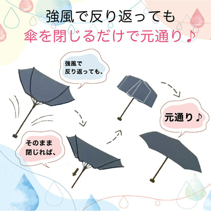 強風で傘が反り返っても閉じるだけで元通りになる様子を4コマイラストで説明。「強風で反り返っても傘を閉じるだけで元通り♪」の文字