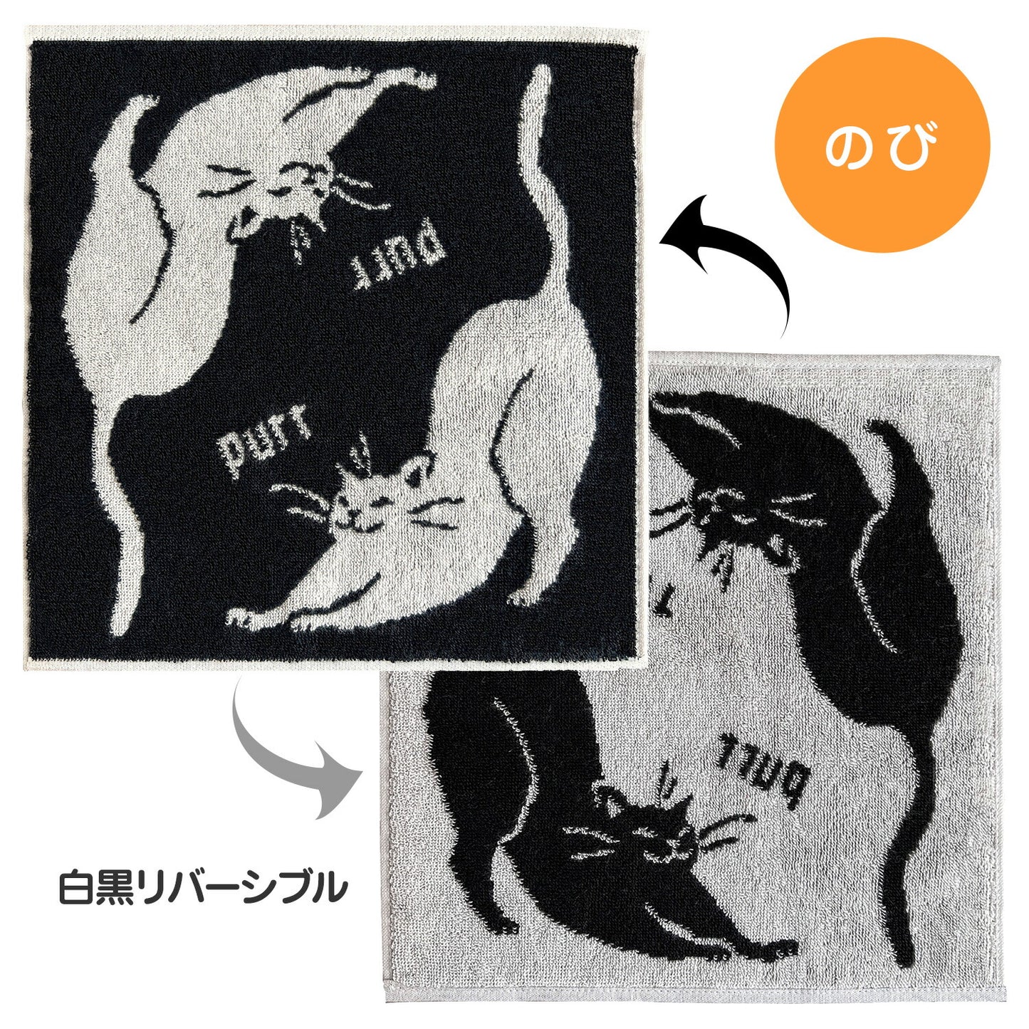 「のび」の見出しとともに、伸びをする猫柄の白黒リバーシブル面をそれぞれ矢印で示す図