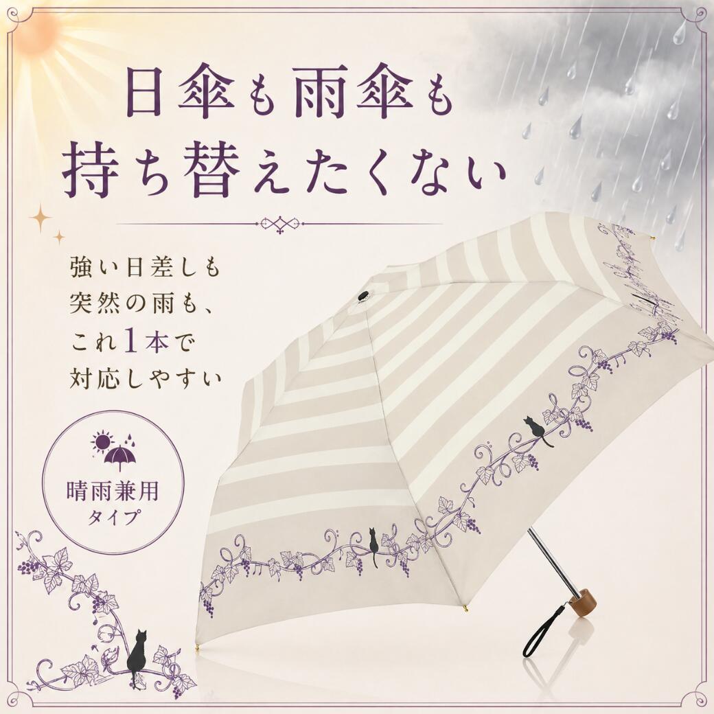 「日傘も雨傘も持ち替えたくない」の見出し。強い日差しも突然の雨もこれ1本で対応しやすい晴雨兼用タイプと表記、開いた傘と晴天・雨天のイメージ背景