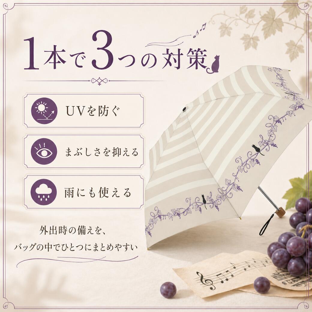 「1本で3つの対策」UVを防ぐ・まぶしさを抑える・雨にも使えるの3項目。外出時の備えをバッグの中でひとつにまとめやすいと添え書き
