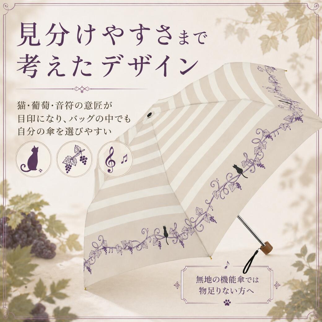 「見分けやすさまで考えたデザイン」猫・葡萄・音符の意匠が目印になりバッグの中でも自分の傘を選びやすいと説明。無地の機能傘では物足りない方への訴求文付き