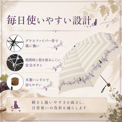「毎日使いやすい設計」グラスファイバー骨で風に強い・指を挟みにくい安全ボタン・木製ハンドルで持ちやすいの3点を骨組みとハンドルの拡大写真で説明