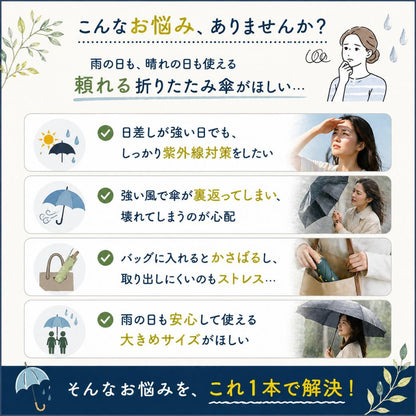 「こんなお悩みありませんか？」と題した悩み提起。紫外線対策・強風での裏返り破損・バッグでかさばる・大きめサイズが欲しいという4つの悩みを、それぞれ困り顔の女性写真とチェックアイコンで紹介