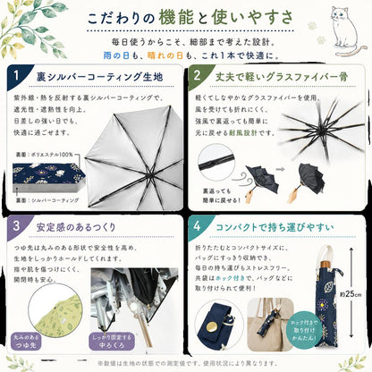こだわりの機能を4項目で解説。1裏シルバーコーティング生地（表面ポリエステル100%・裏面コーティング）、2丈夫で軽いグラスファイバー骨（強風で裏返っても元に戻る）、3丸みのあるつゆ先と固定する中ろくろで安定、4折りたたみ約25cmでコンパクト収納