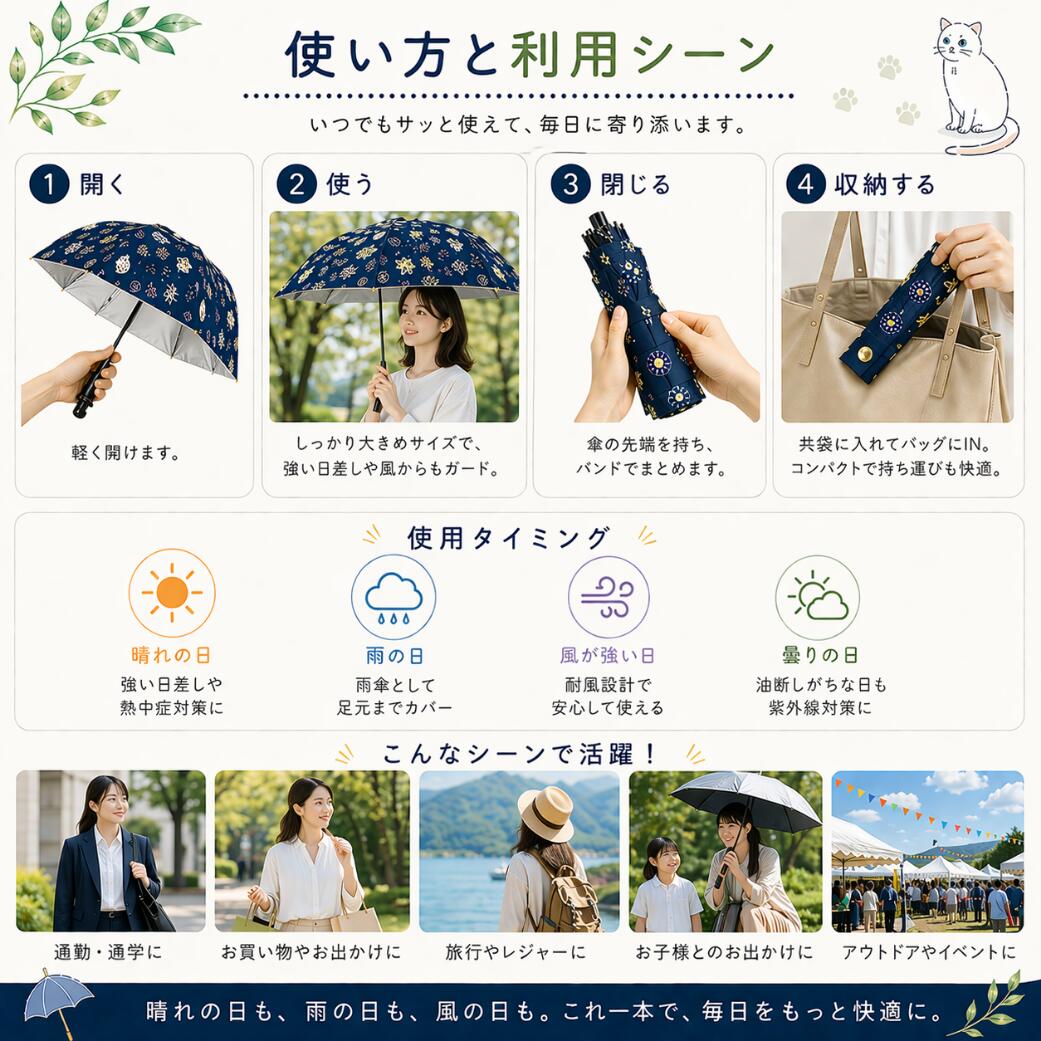 使い方を1開く2使う3閉じる4収納するの4ステップで写真解説。下部に晴れ・雨・強風・曇りの使用タイミングと、通勤通学・買い物・旅行・子供とのお出かけ・アウトドアなど活躍シーンの写真を掲載