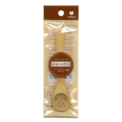 chatonブランドのパッケージ入り商品。「かわいいねこ柄 コーヒースプーン サイズ:約13.5cm Bamboo」のラベル表記あり