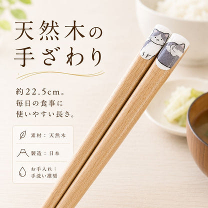 「天然木の手ざわり 約22.5cm。毎日の食事に使いやすい長さ。」の文字。素材:天然木・製造:日本・お手入れ:手洗い推奨のアイコン表記。猫柄の箸先を食卓に立てたカット