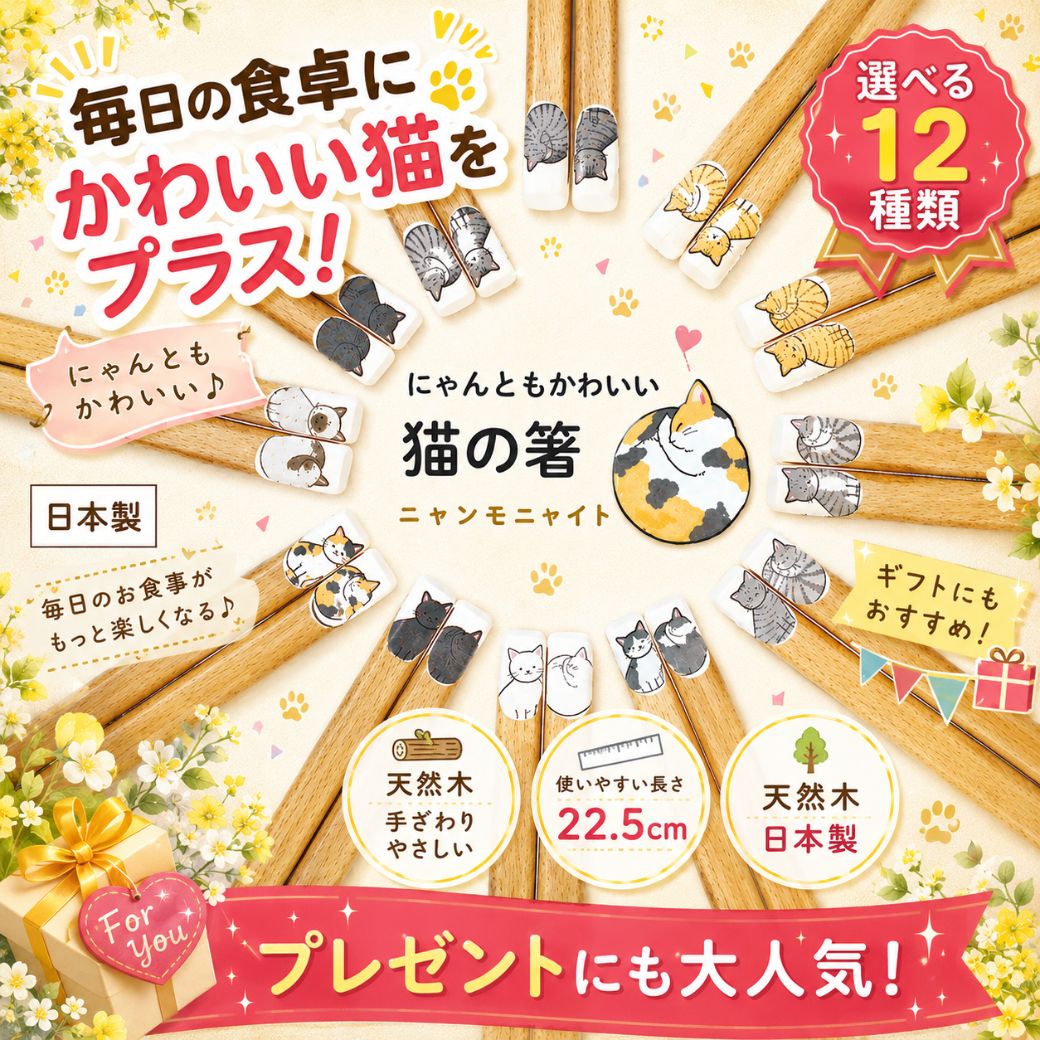 「毎日の食事、少しだけ味気ない。猫柄の一膳で、食卓に小さな楽しみを。」の見出し。ご飯とお味噌汁が並ぶ食卓に、茶トラ猫柄の箸先アップ