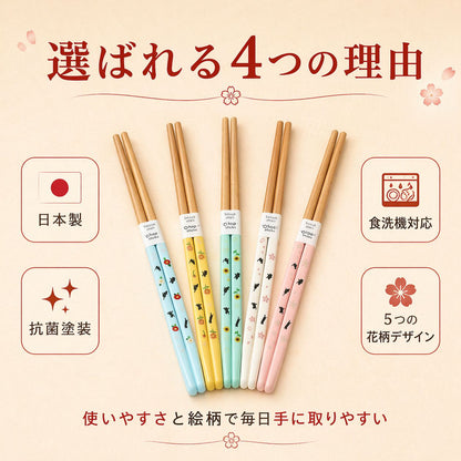 選ばれる4つの理由。日本製・抗菌塗装・食洗機対応・5つの花柄デザインのアイコンと、水色黄ミント白桃5色の箸を掲載した図