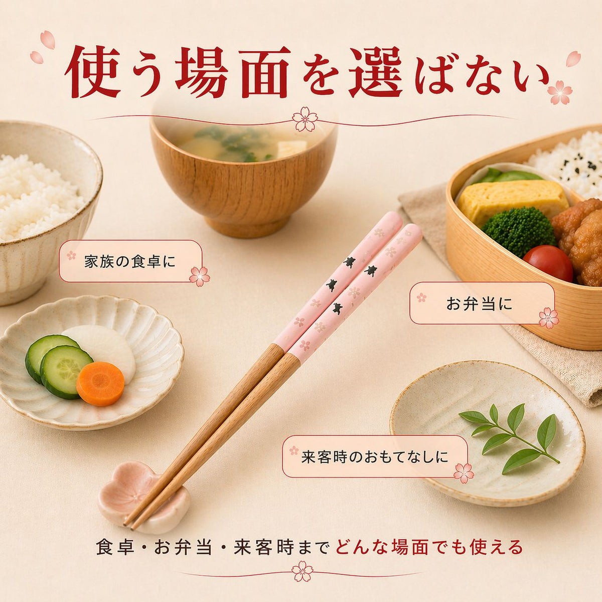 「使う場面を選ばない」の見出し。味噌汁・お弁当・副菜と桃色の箸を並べ「家族の食卓に」「お弁当に」「来客時のおもてなしに」と用途を紹介
