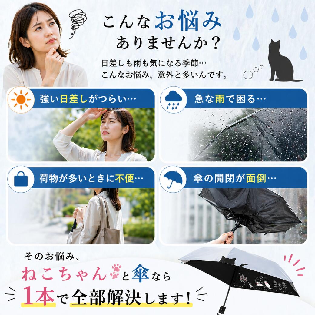 強い日差し・急な雨・荷物が多い時の不便・開閉の面倒さという4つのお悩みを提起し、猫柄の傘なら1本で解決すると訴求するカット