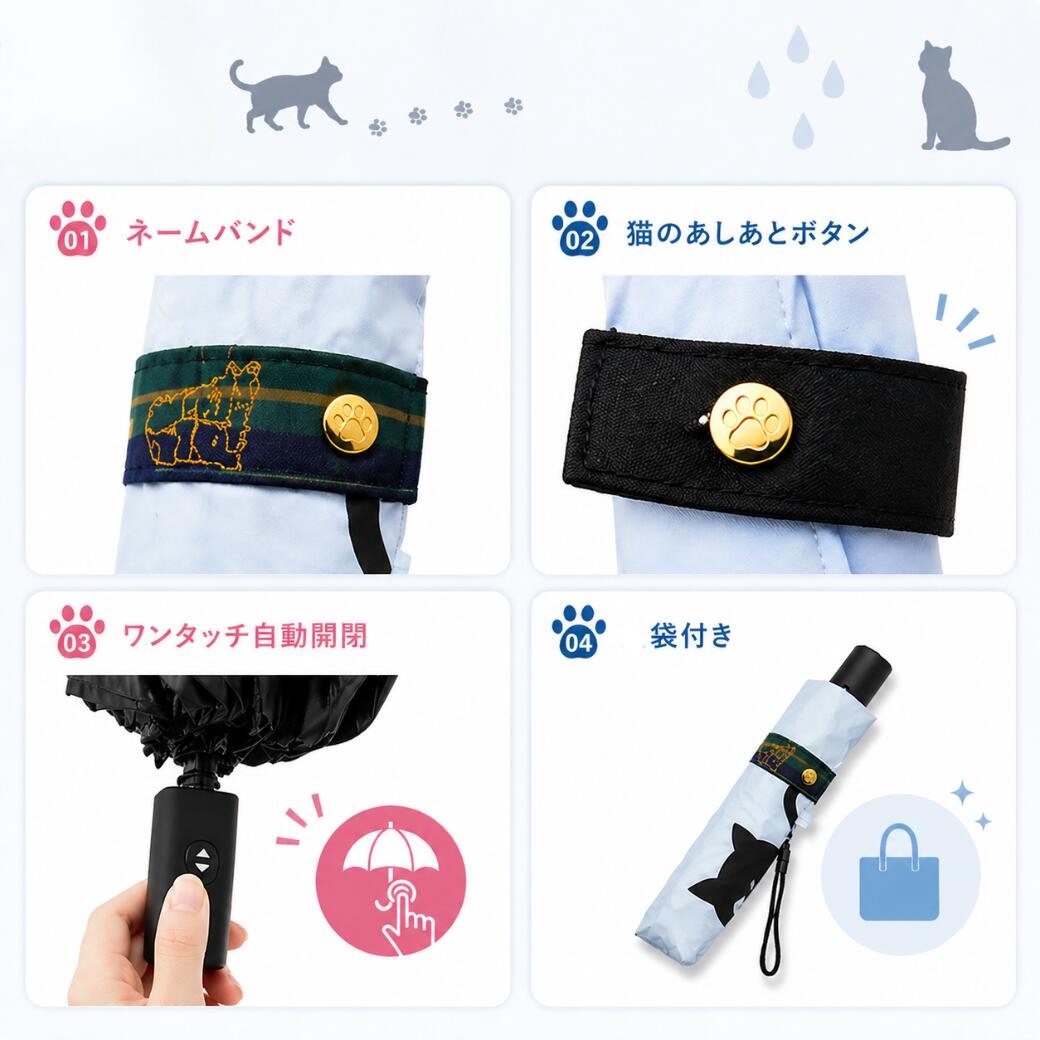 ネームバンド、猫の足あとボタン、ワンタッチ自動開閉ボタン、収納袋付きという4つのディテールを紹介するカット
