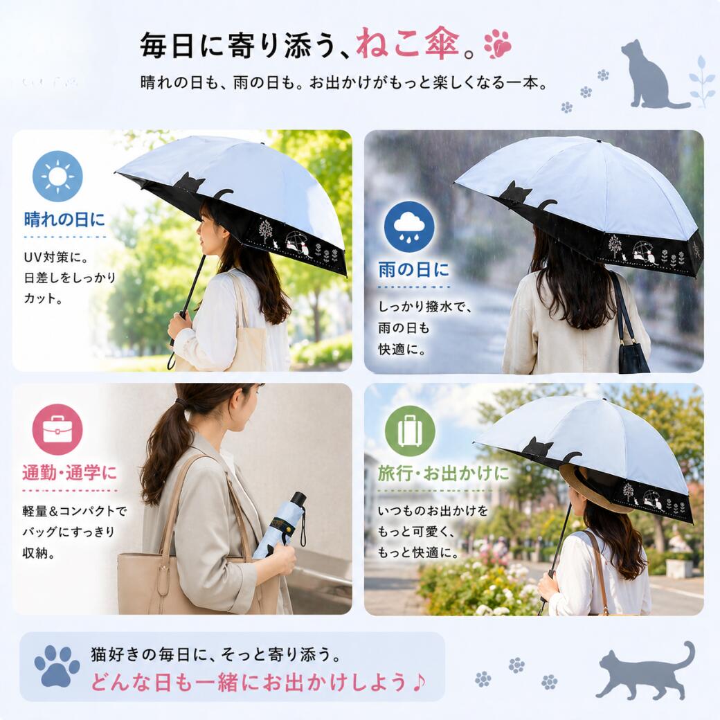 晴れの日・雨の日・通勤通学・旅行お出かけの4シーンで傘をさす女性のカット。日差し対策や撥水、軽量コンパクトさを紹介