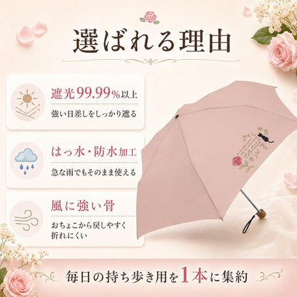 選ばれる理由の紹介。「遮光99.99%以上」「はっ水・防水加工」「風に強い骨」の3項目アイコンと、毎日の持ち歩き用を1本に集約との見出し