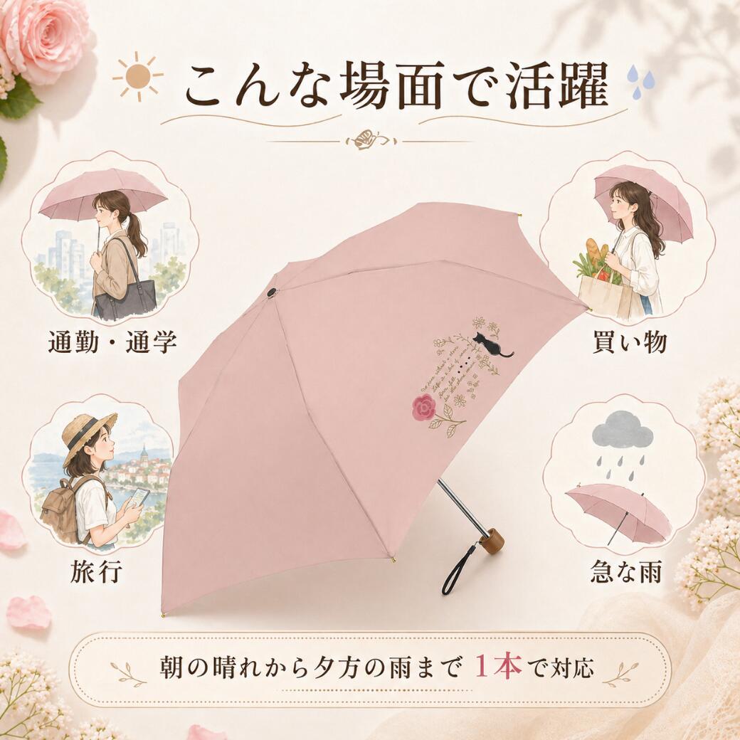 使用シーンの紹介。通勤通学・買い物・旅行・急な雨の4場面で傘を差す女性のイラストと、朝の晴れから夕方の雨まで1本で対応との見出し