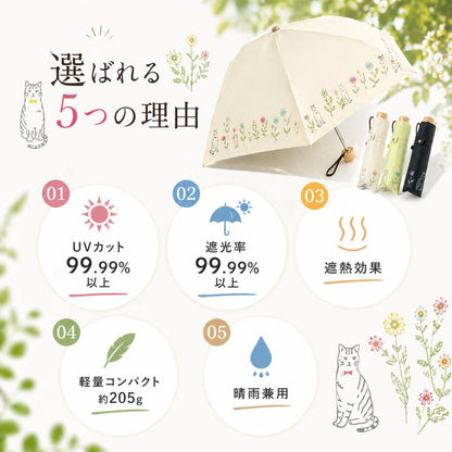 選ばれる5つの理由。UVカット99.99%以上、遮光率99.99%以上、遮熱効果、軽量コンパクト約205g、晴雨兼用の5ポイントをアイコンで紹介