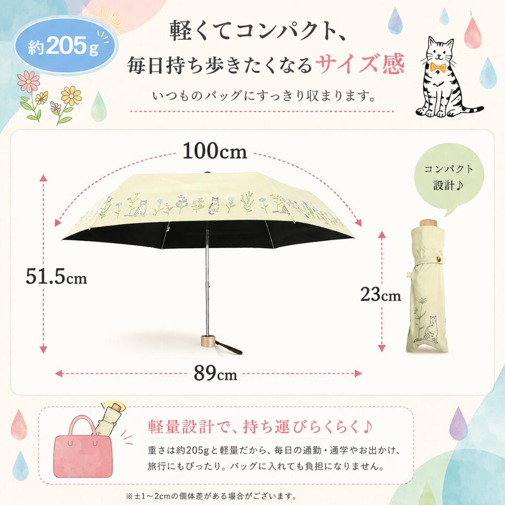 開いた状態のサイズ図。全長100cm、直径89cm、地面から親骨までの高さ51.5cm、収納時の長さ23cm、重さ約205gを矢印で表記