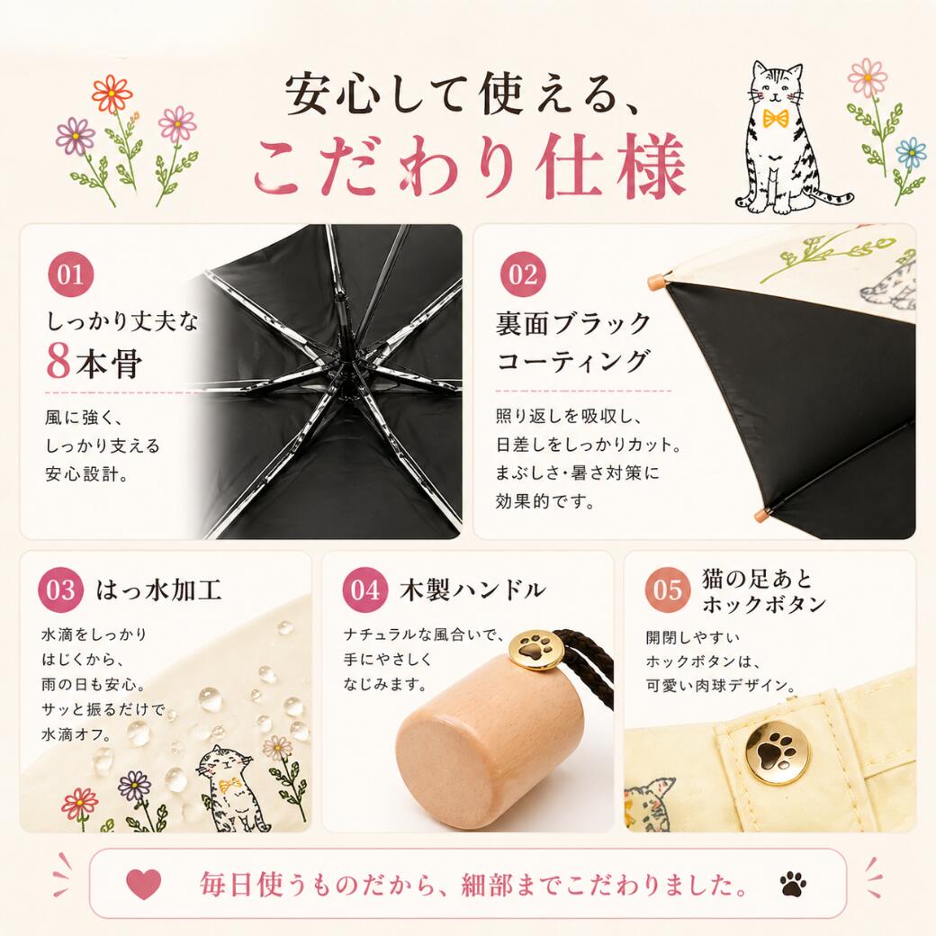 こだわり仕様5点。丈夫な8本骨、裏面ブラックコーティングで照り返しと日差しをカット、はっ水加工、天然木製ハンドル、猫の足あとデザインのホックボタン