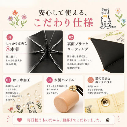 こだわり仕様5点。丈夫な8本骨、裏面ブラックコーティングで照り返しと日差しをカット、はっ水加工、天然木製ハンドル、猫の足あとデザインのホックボタン