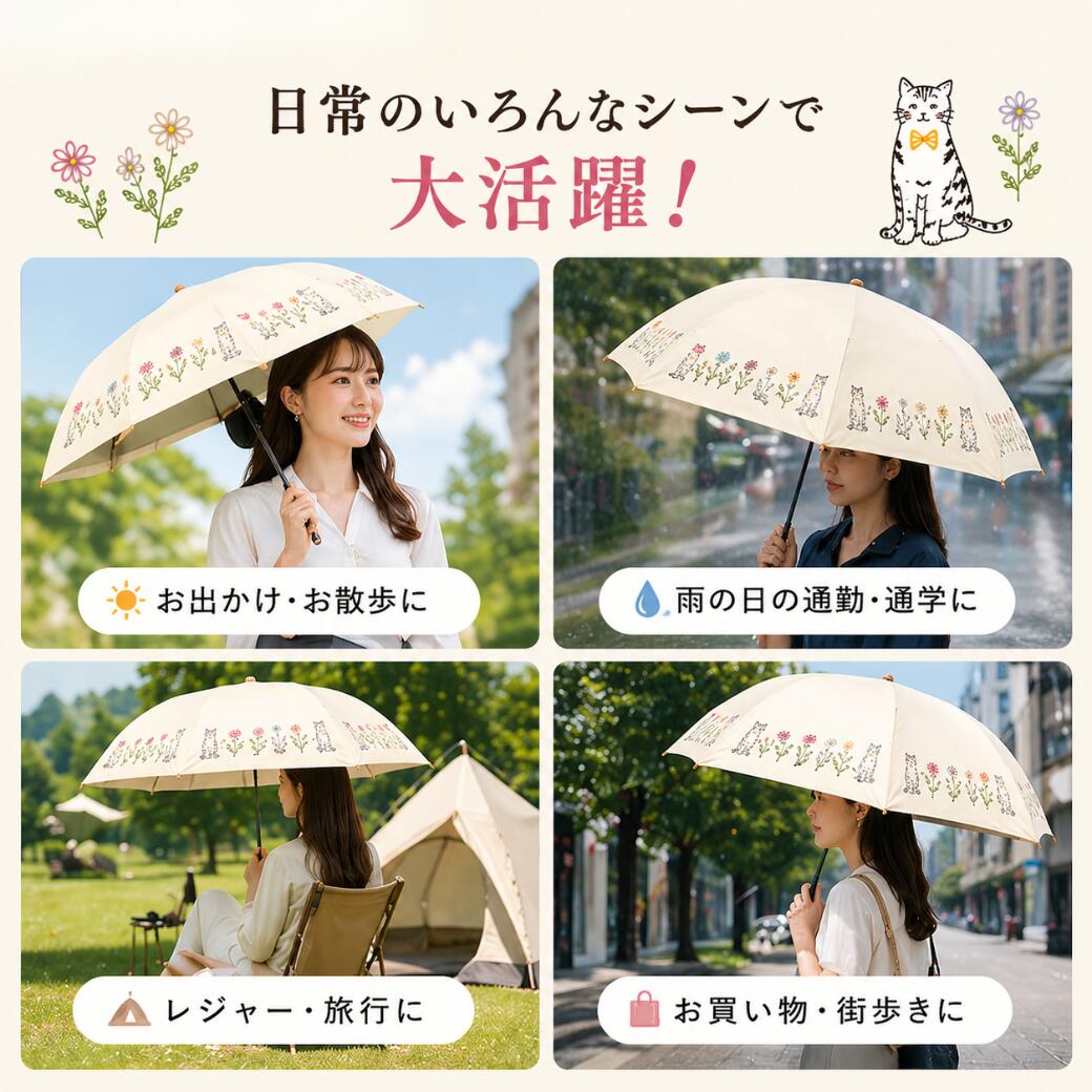 日常のさまざまなシーンで使う様子。お出かけ・散歩、雨の日の通勤通学、レジャー・旅行、買い物・街歩きで日傘をさす4枚の写真