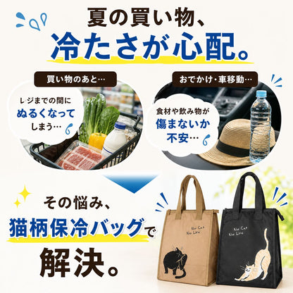 夏の買い物や車移動での飲食料品の温度不安を提起する導入カット。買い物カゴの食材、車内のペットボトルの写真と、解決策として猫柄保冷バッグ2色を提示